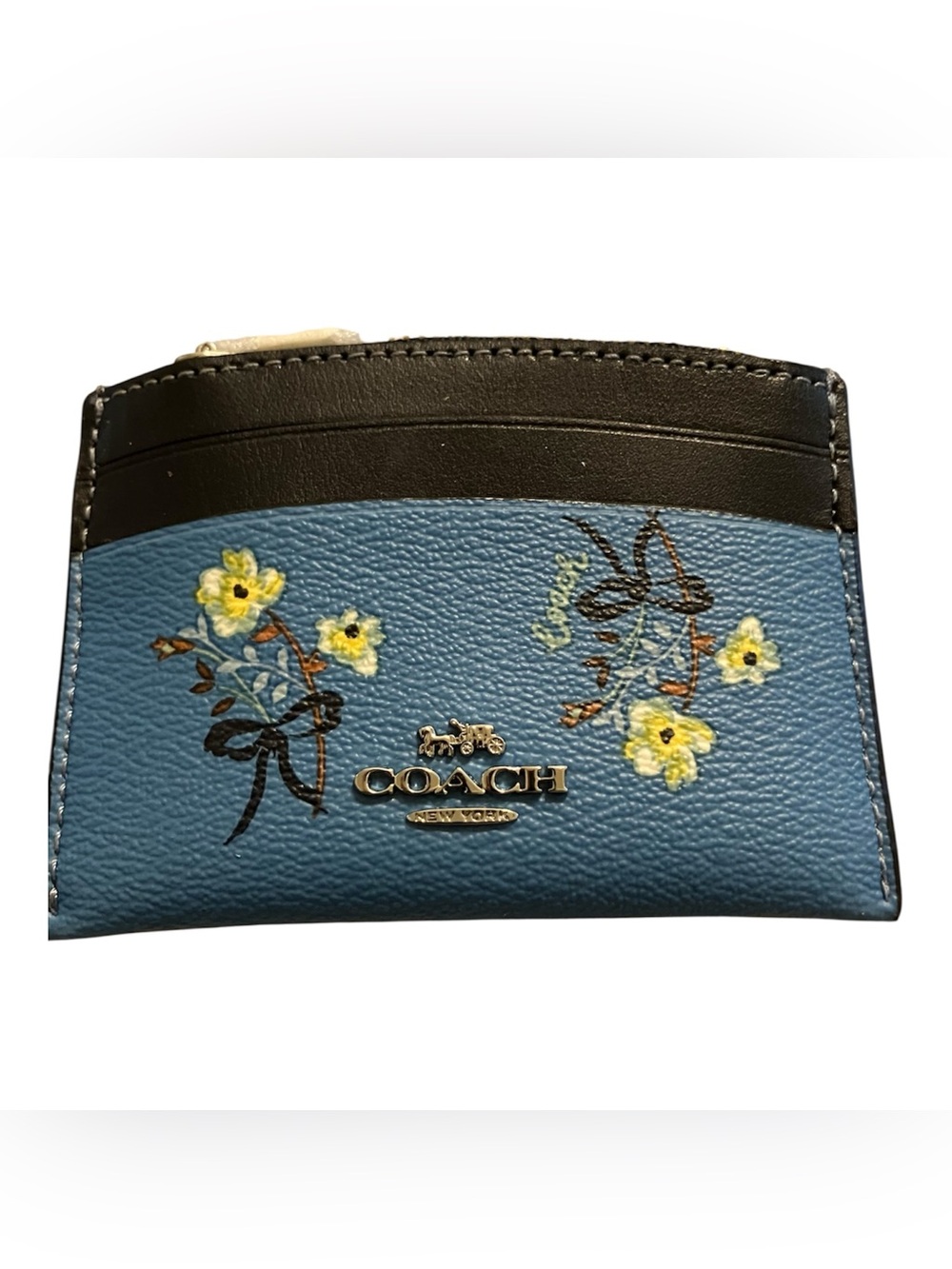 Coach NWT - Blue Leather Floral Card Case with Yellow Flower Accents